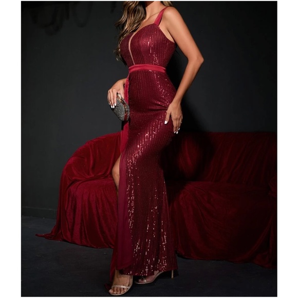 Luxe Champagne Sequins slit Thigh Formal Wedding Maxi Dress - Picture 4 of 8